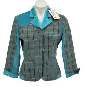 Max & Co Patchwork Blazer Wool Mohair Women 10 Blue Plaid Preppy Steampunk NEW